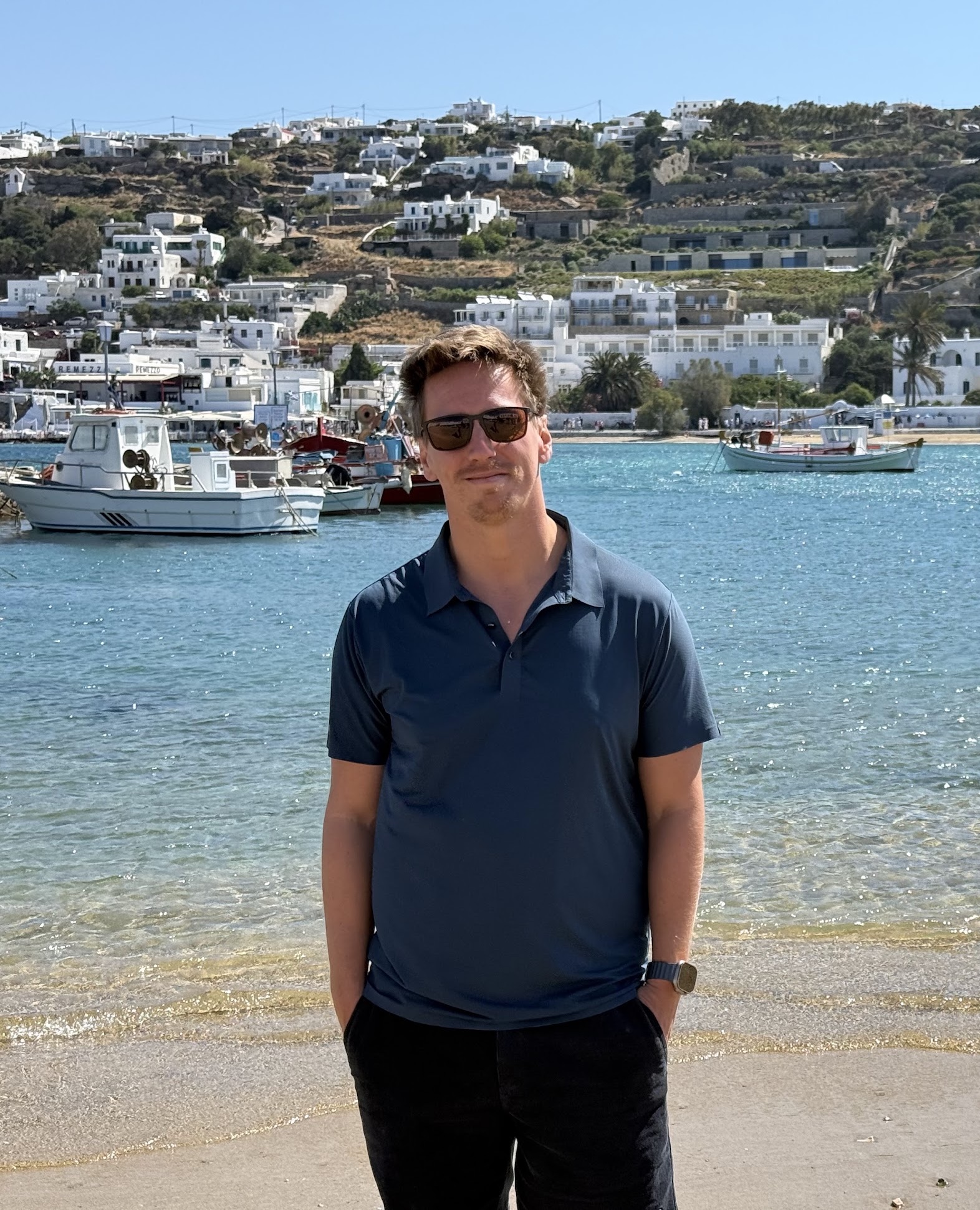 Julian Astrada by the harbor in Mykonos, Greece